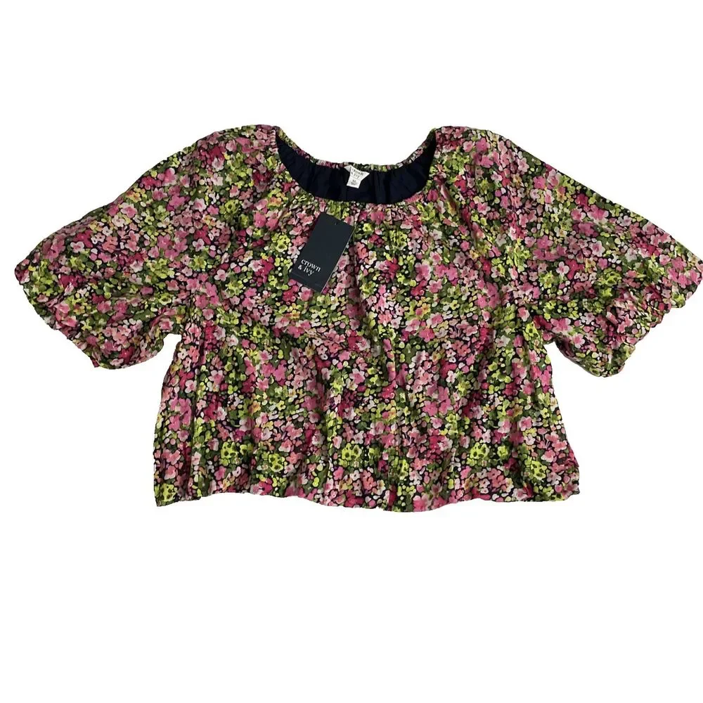 Crown & Ivy Women’s Floral Cotton Blouse XL Balloon Sleeve Multicolor Cropped